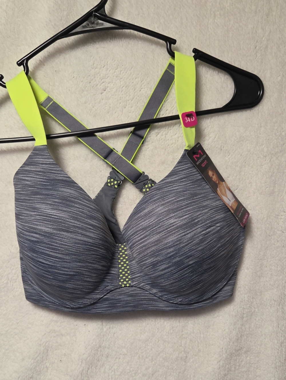 Maidenform Heathered Gray Sports Bra with Neon Yellow Straps